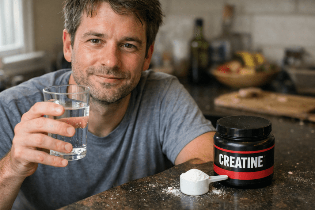 Person taking creatine supplement with water in realistic home kitchen environment with natural lighting