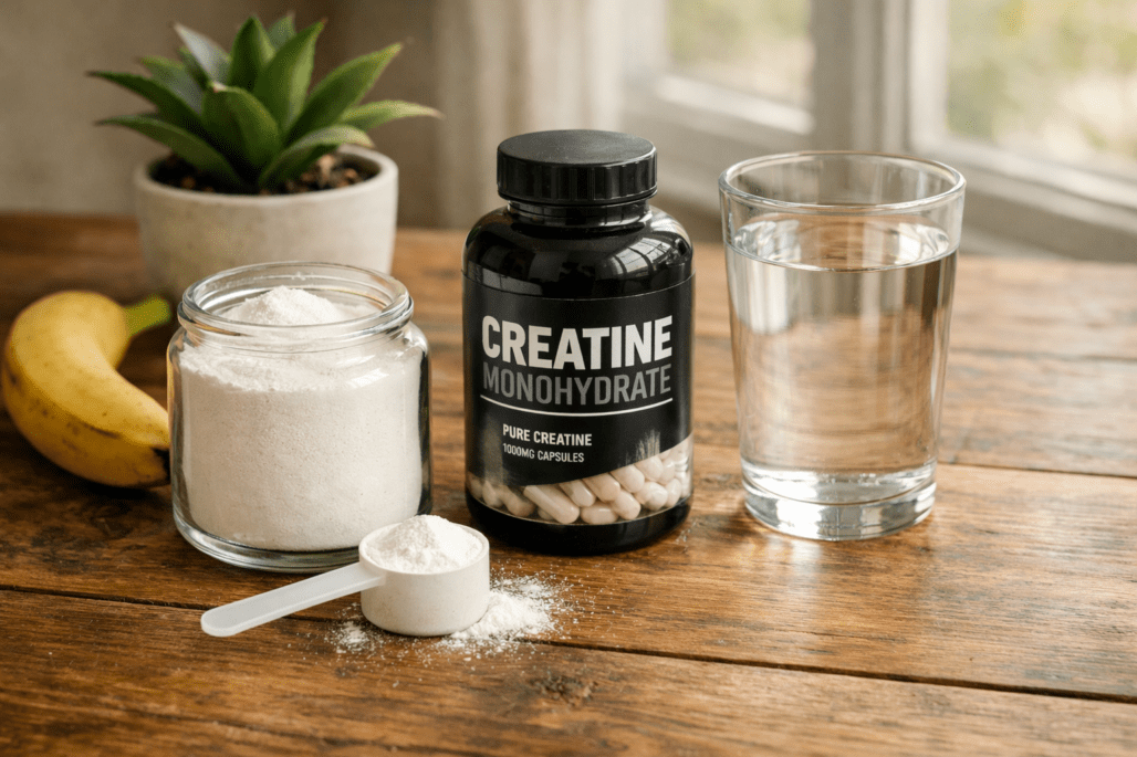 Best creatine monohydrate supplements displayed with water, fruit, and measuring tools on wooden surface