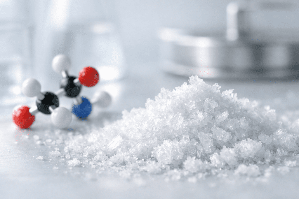 Creatine monohydrate crystalline structure in scientific laboratory setting with professional equipment