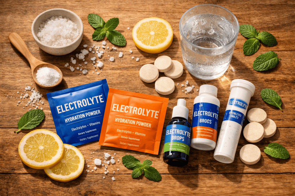 Best electrolyte supplements displayed with natural ingredients and hydration props