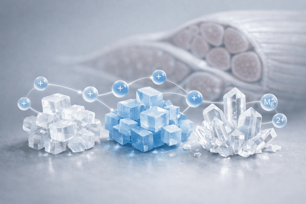 Electrolyte molecules and mineral structures in scientific editorial style illustration