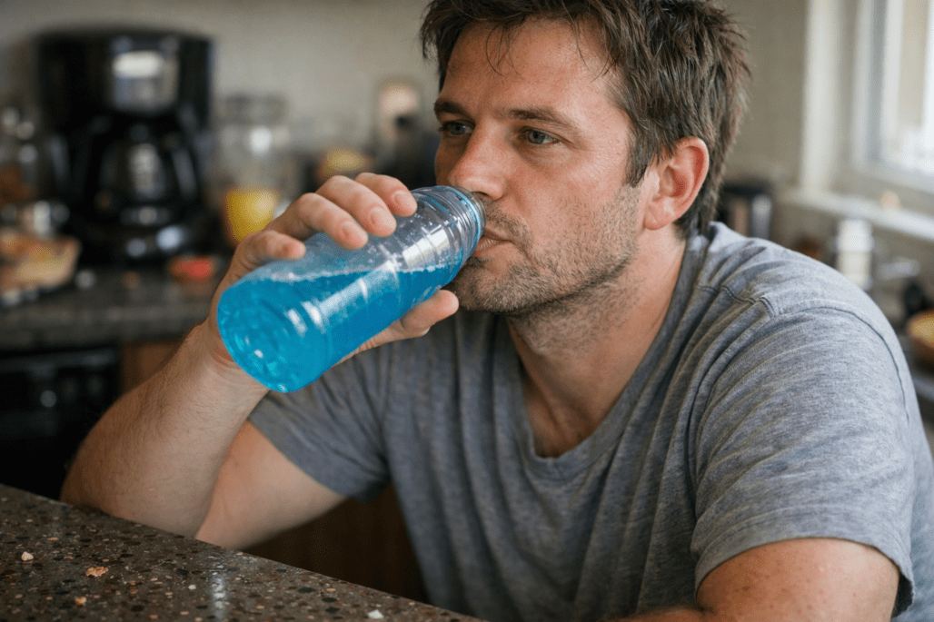 Person drinking hydration supplement with natural lighting and realistic detail