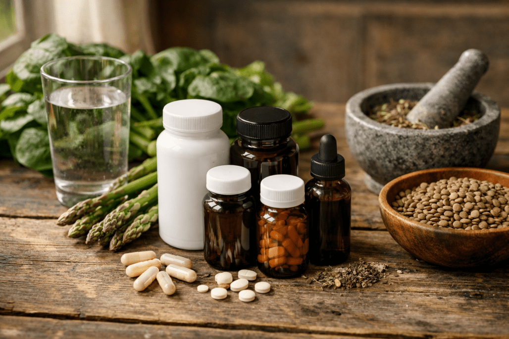 Best folate supplements displayed with natural food sources like leafy greens and legumes on wooden surface