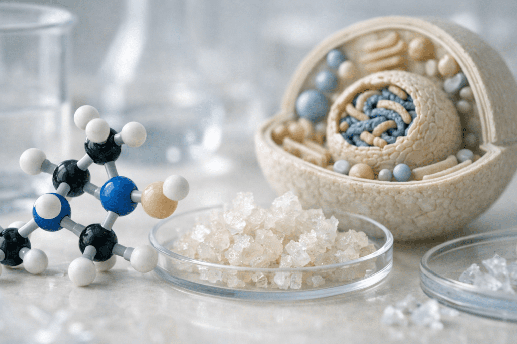 Molecular structure of vitamin B9 folate supplement showing biochemical composition and cellular metabolism