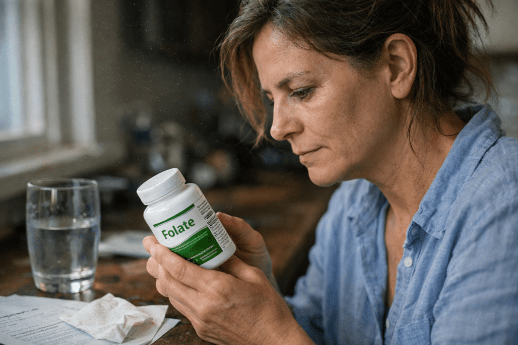 Person examining folate supplement bottle label to understand vitamin B9 dosage and form details