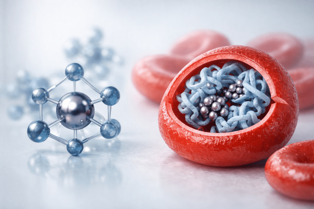 Molecular structure of iron supplement showing hemoglobin and iron atoms in scientific detail