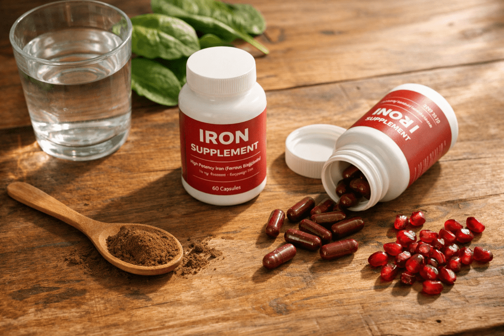 Best iron supplement brands displayed with water glass, spinach, and pomegranate on wooden surface