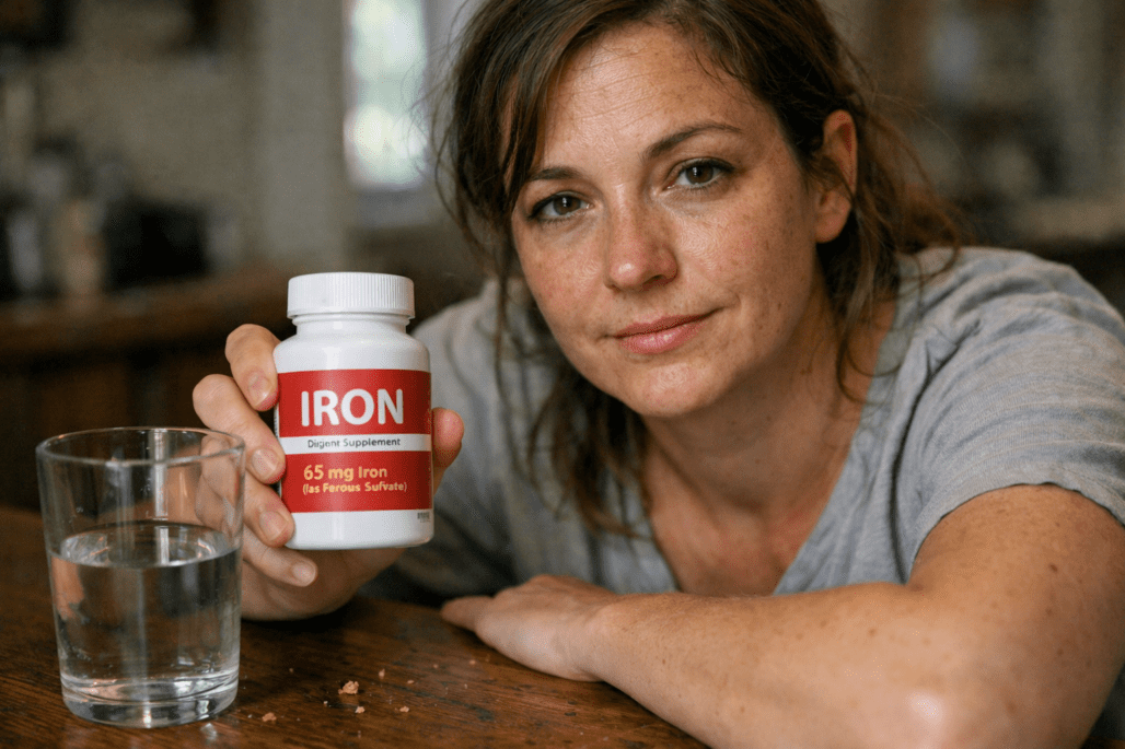 Woman examining iron supplement bottle at home, dealing with iron deficiency fatigue