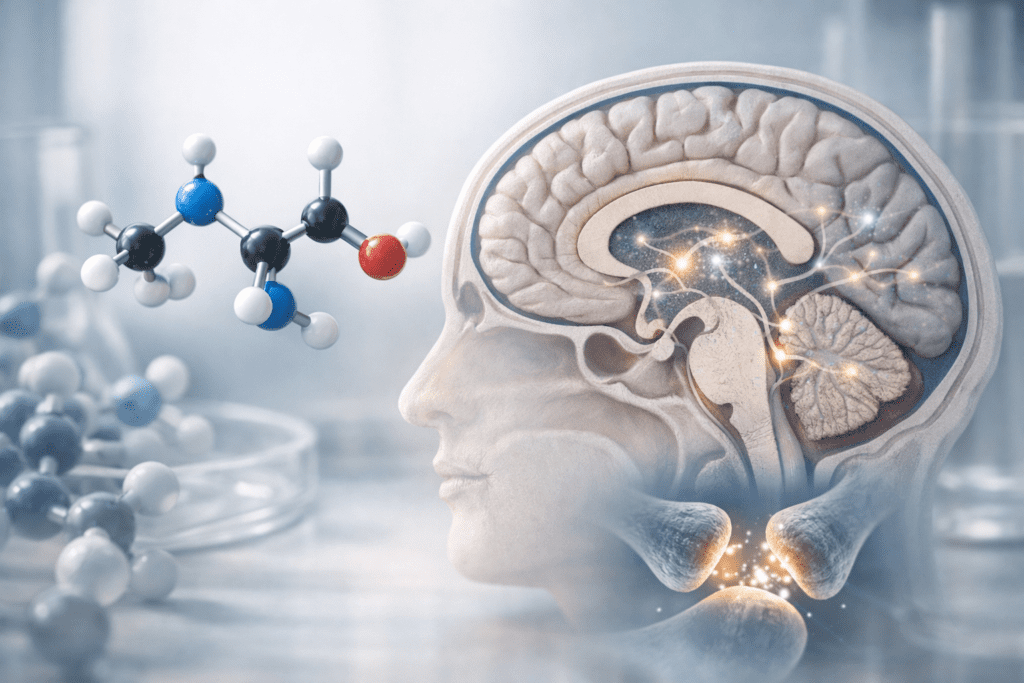 L-theanine molecular structure and brain neurotransmitter illustration for supplement benefits