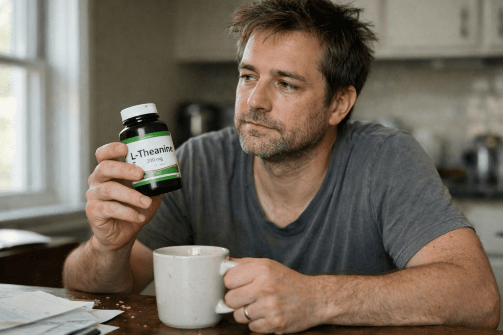 Person examining L-theanine supplement bottle at kitchen table in natural morning light