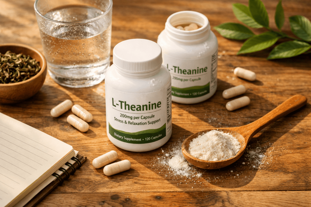 L-theanine supplement bottles, capsules, and powder on wooden table with water glass