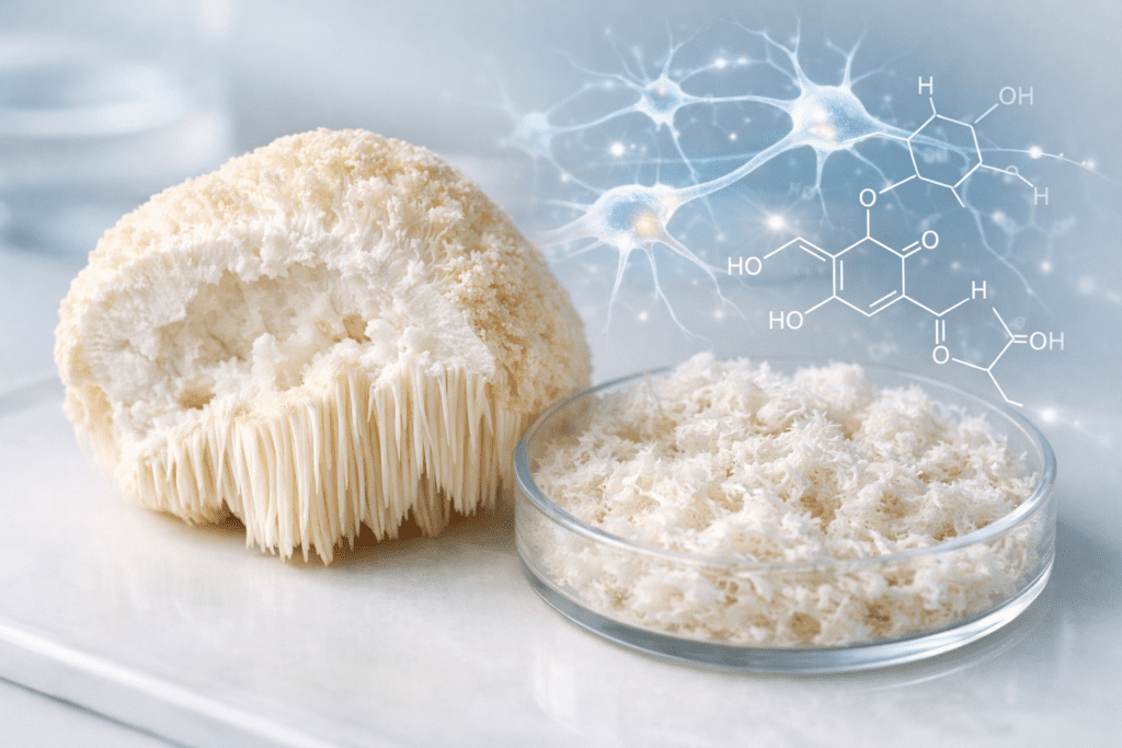 Lion's mane mushroom structure showing fruiting body and mycelium for cognitive health supplements