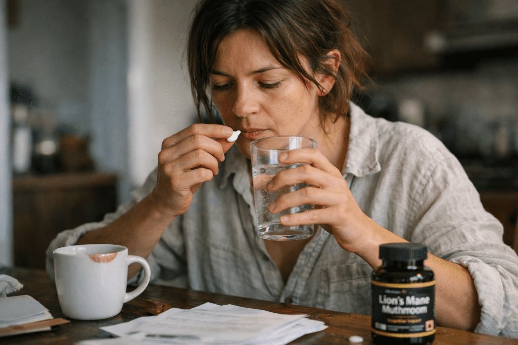 Person taking lion's mane brain supplement at home for cognitive health and focus support