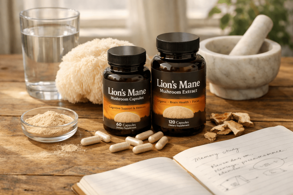 Best lion's mane supplements displayed with mushroom, water glass, and research materials on wooden surface
