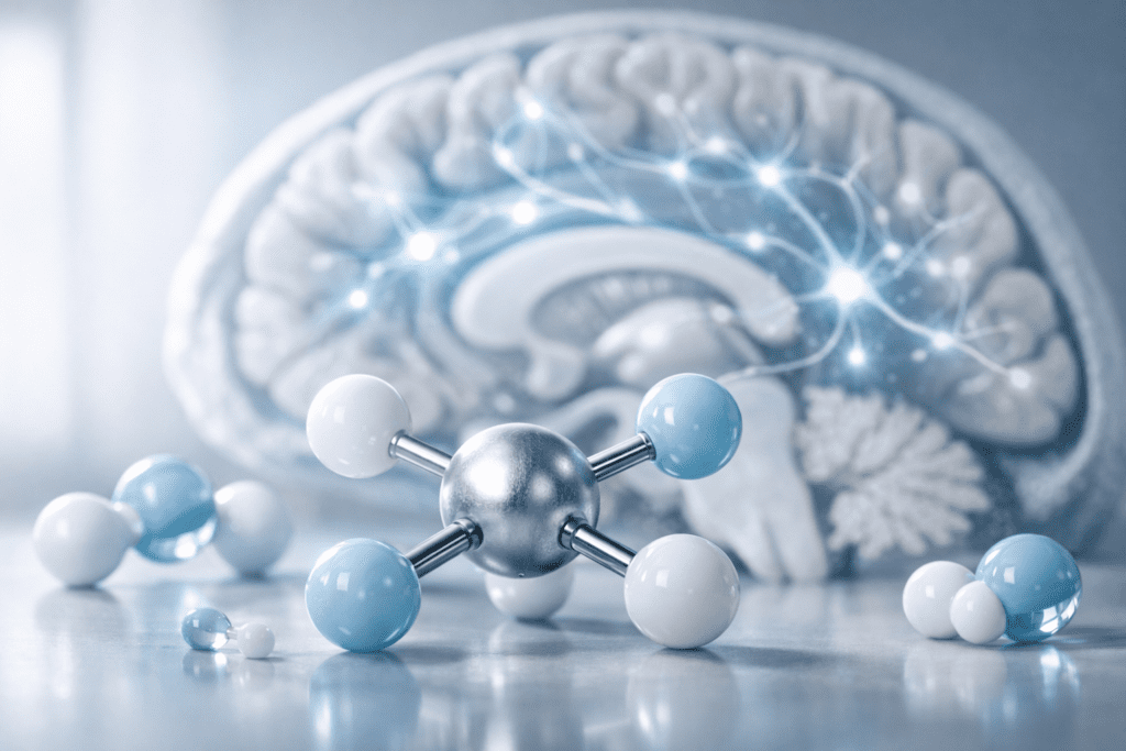 Magnesium molecule structure with neural pathway visualization for anxiety relief science