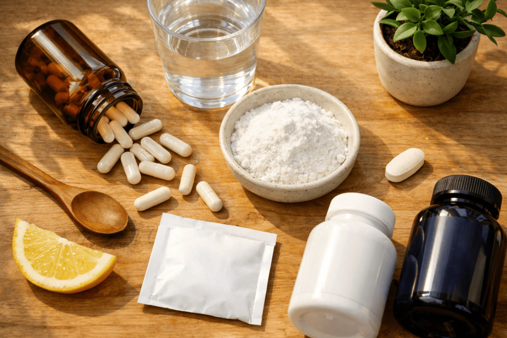 Best magnesium supplement types displayed with water and natural wellness props on wood
