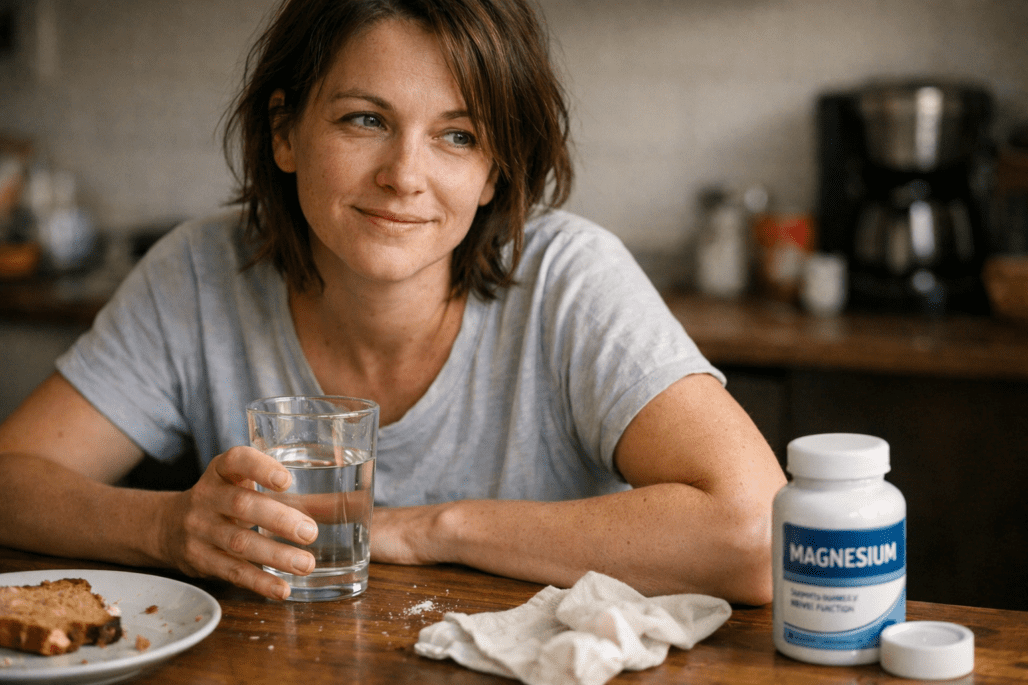 Person taking magnesium supplement for anxiety relief in natural morning light setting