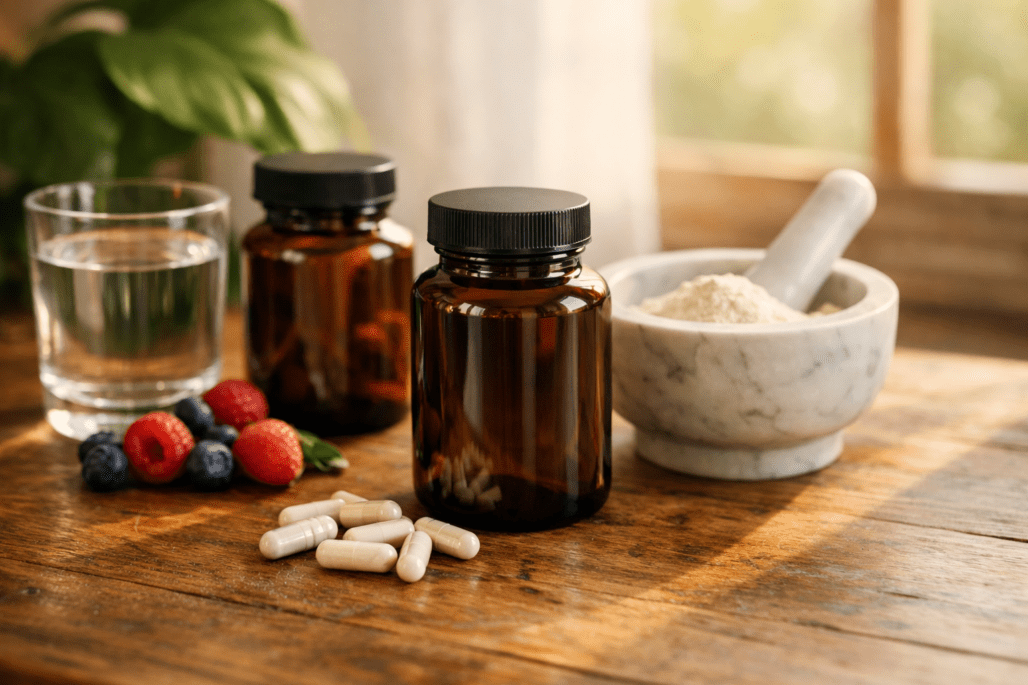 Best NMN supplements displayed with water and natural wellness ingredients on wooden surface