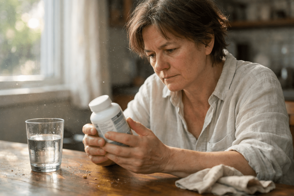 Person examining NMN supplement bottle in natural morning light at home