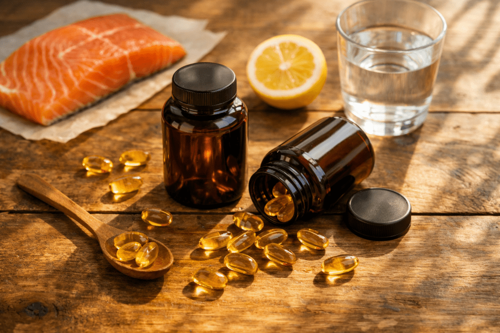 Fish oil supplement capsules and bottles displayed with fresh salmon and water on wooden table