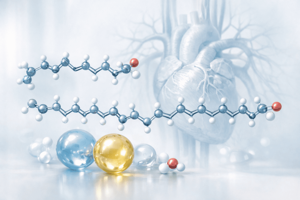 Molecular structure of omega-3 fish oil compounds EPA and DHA in scientific editorial style