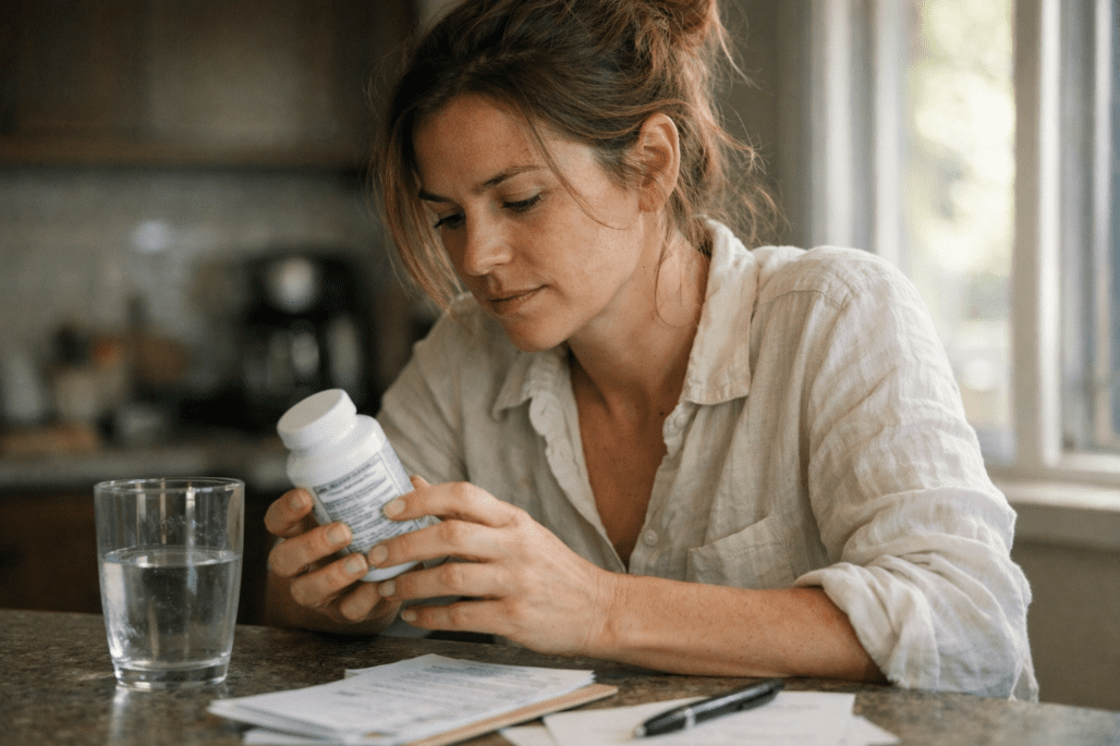 Woman examining fish oil supplement bottle label at kitchen counter in natural morning light
