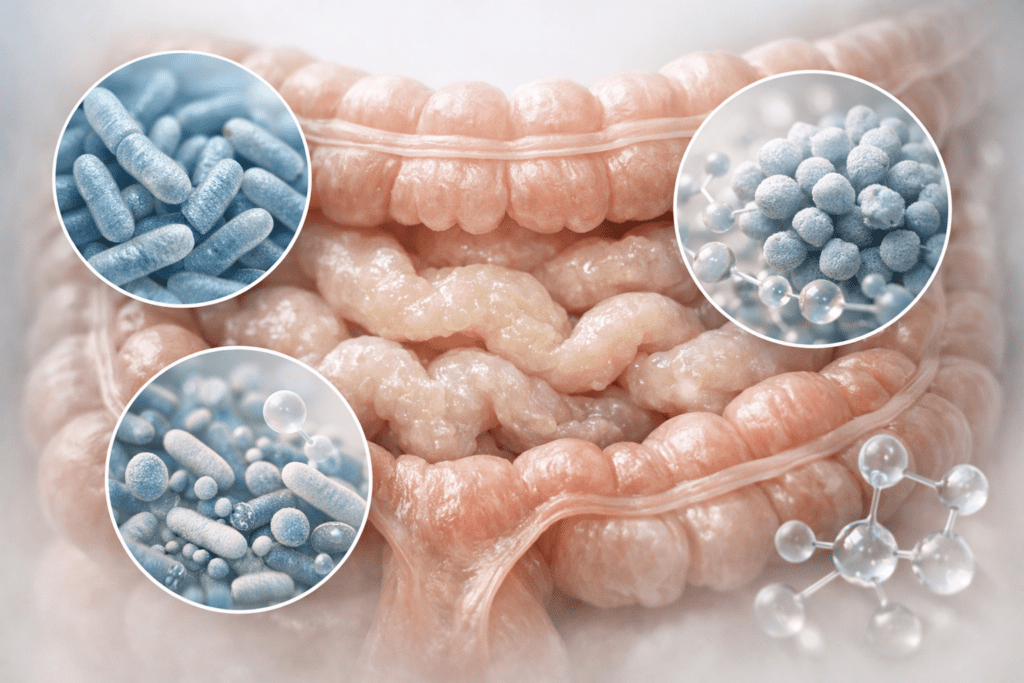 Scientific visualization of probiotics and gut bacteria for IBS relief and digestive health