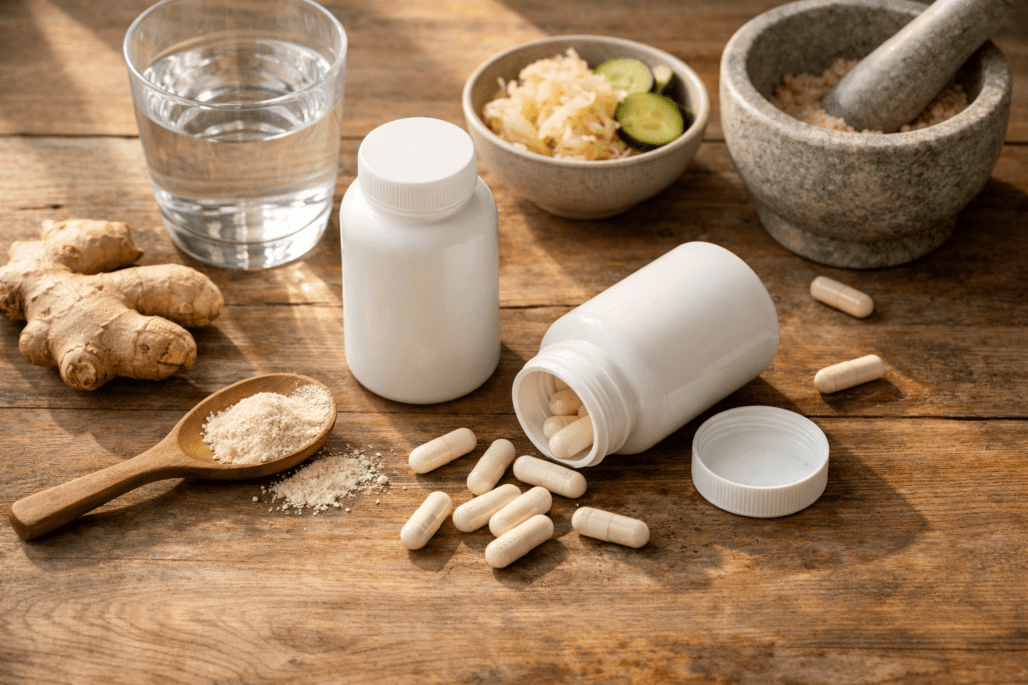Probiotic supplements and digestive health products arranged on wooden table with water