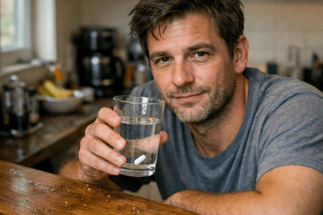Man taking male digestive health probiotic supplement in natural kitchen lighting