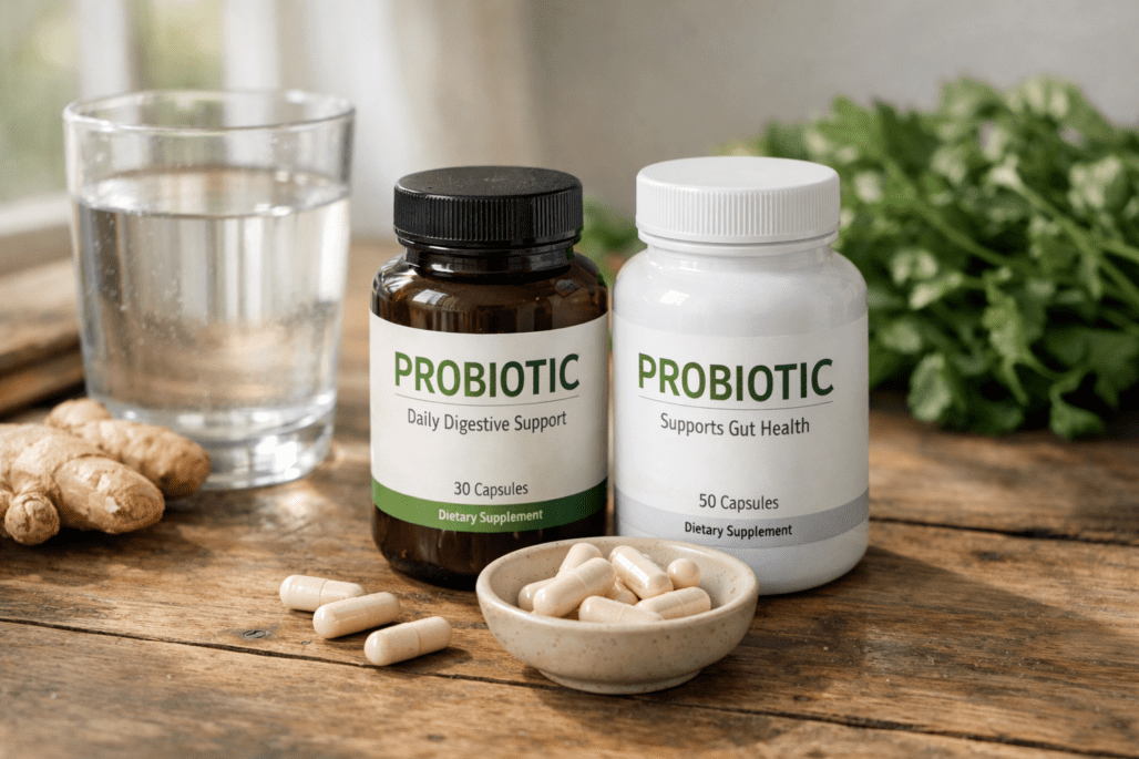 Best probiotics for men displayed with water and fresh ingredients on wooden surface