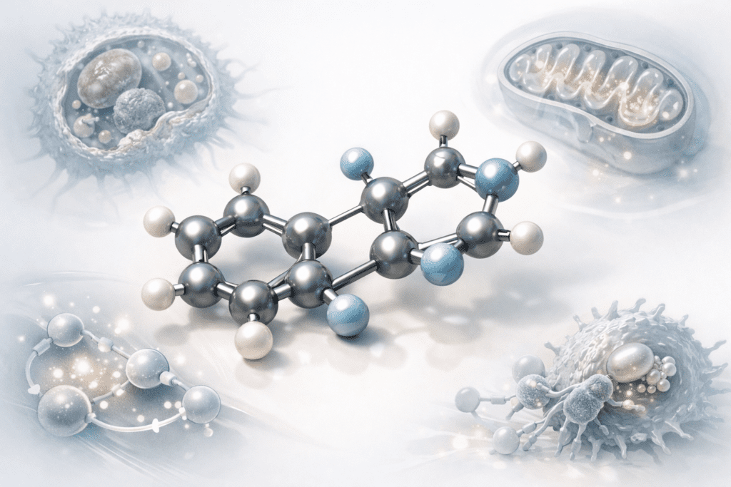 Quercetin molecular structure with immune cell illustration in scientific editorial style