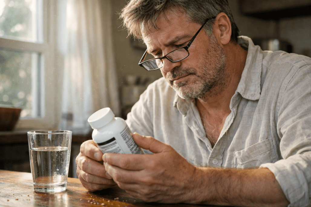 Person examining quercetin supplement dosage information in natural home setting with window light