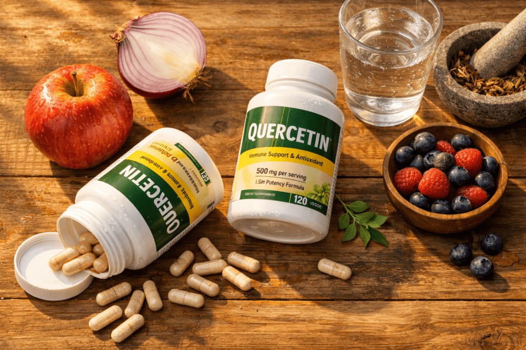 Best quercetin supplements displayed with natural food sources and water on wooden surface