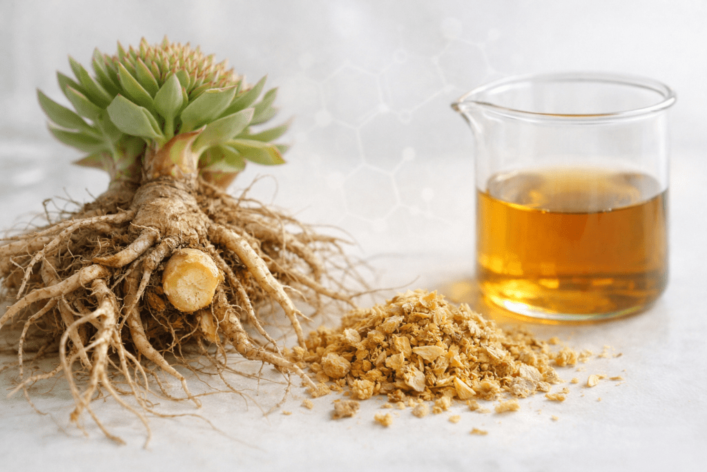 Rhodiola rosea root and dried herb with amber extract showing adaptogenic supplement composition