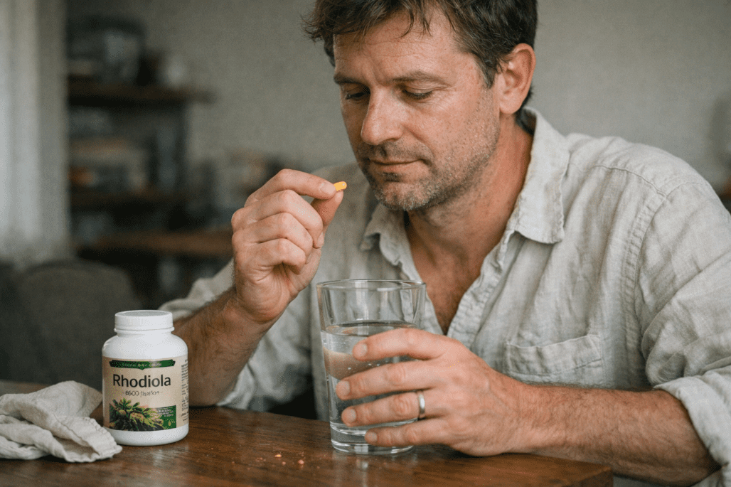 Person taking stress relief supplement showing natural calm focus for rhodiola rosea benefits