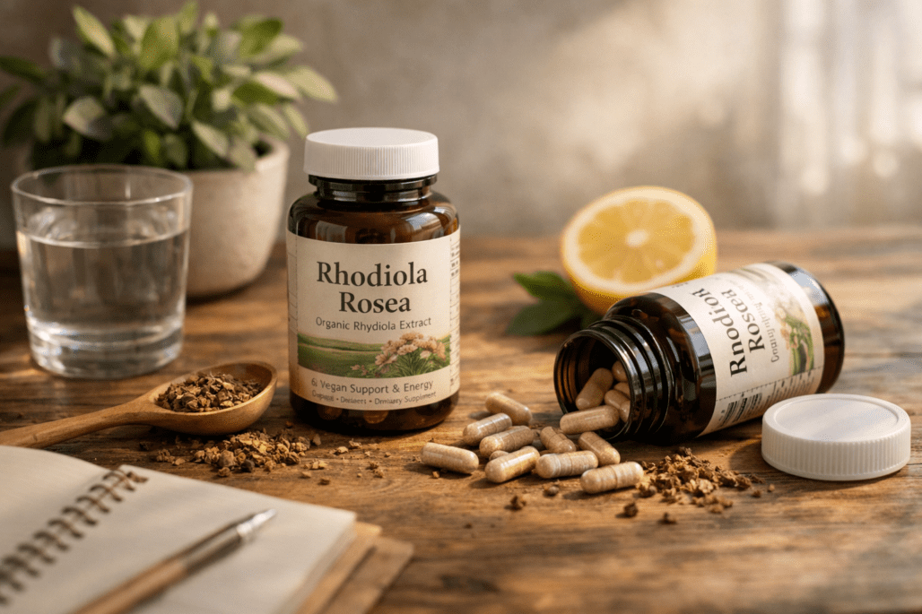 Best rhodiola supplements displayed with water glass and wellness props on wooden surface