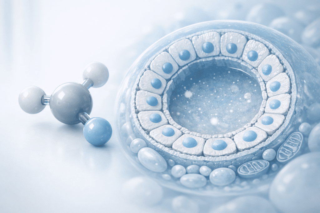 Selenium molecular structure and thyroid cell illustration for supplement benefits article