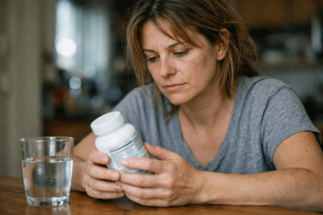 Person examining selenium supplement bottle at kitchen table for supplement research