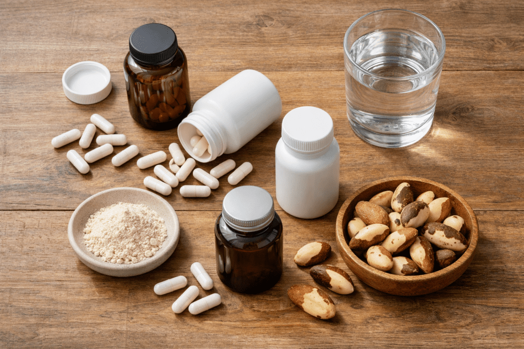 Best selenium supplements displayed with Brazil nuts and water on wooden surface