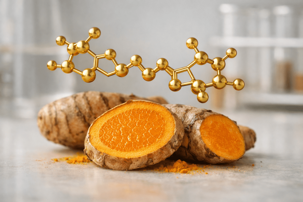 Curcumin molecular structure and turmeric root cross-section in scientific editorial style