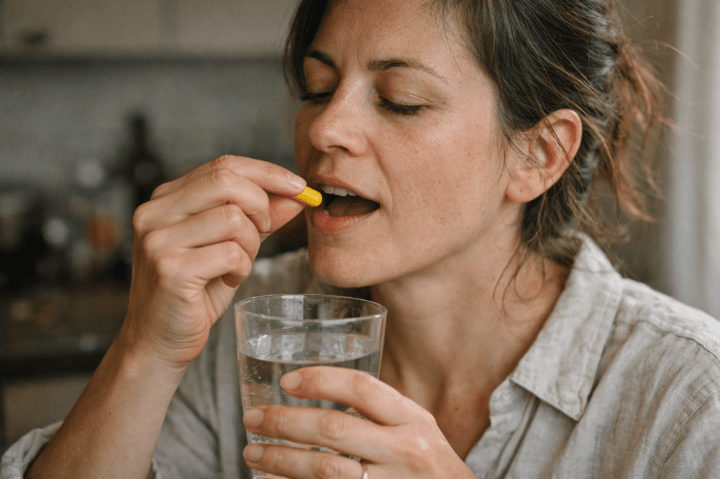 Person taking turmeric curcumin supplement with water in natural home setting