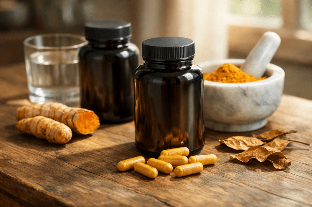Turmeric curcumin supplement bottles with fresh root and powder on wooden table