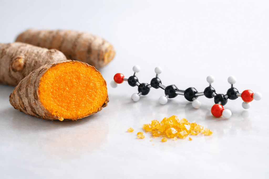 Turmeric root cross-section with curcumin molecular structure in scientific editorial style
