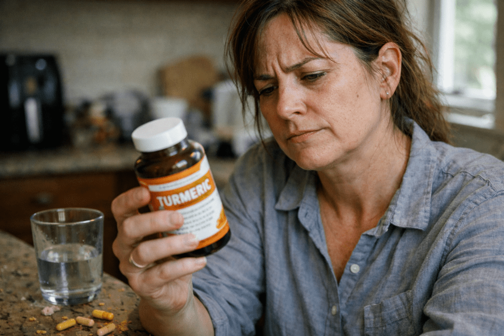 Person examining turmeric supplement bottle label in realistic kitchen setting with natural lighting