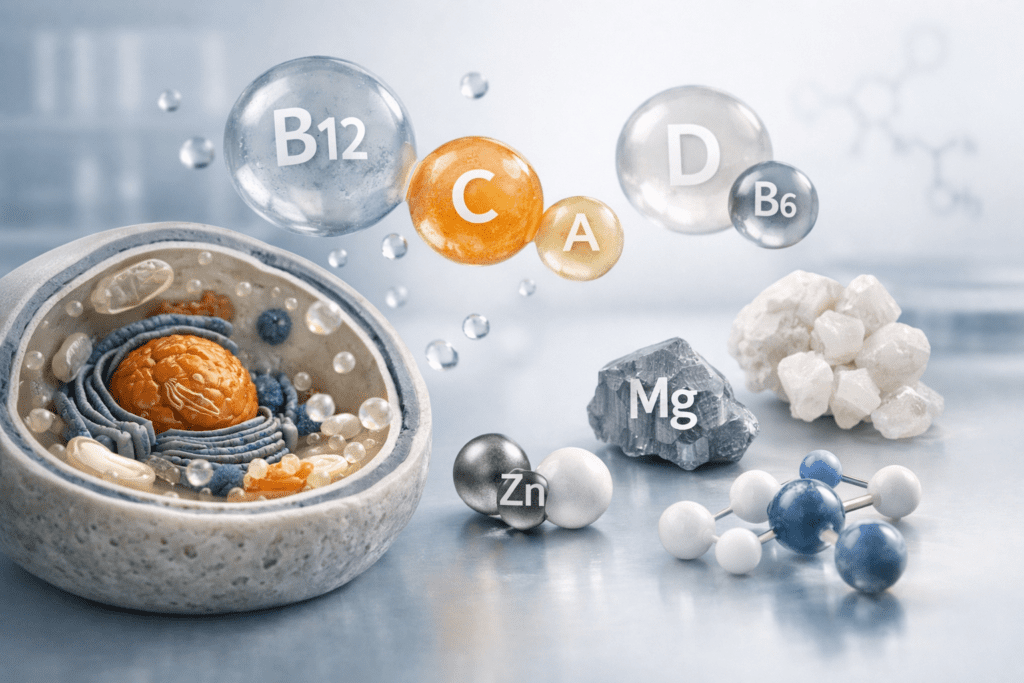 Molecular structure visualization of multivitamin nutrients and minerals for affordable supplement guide