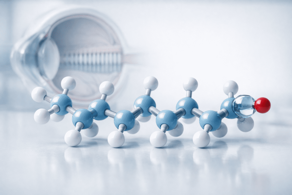 Molecular structure of vitamin A with eye anatomy illustration for supplement guide