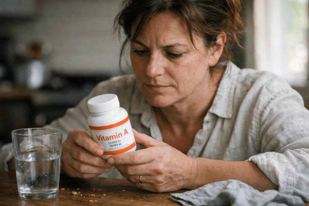 Person reviewing vitamin A supplement dosage and benefits information on bottle label