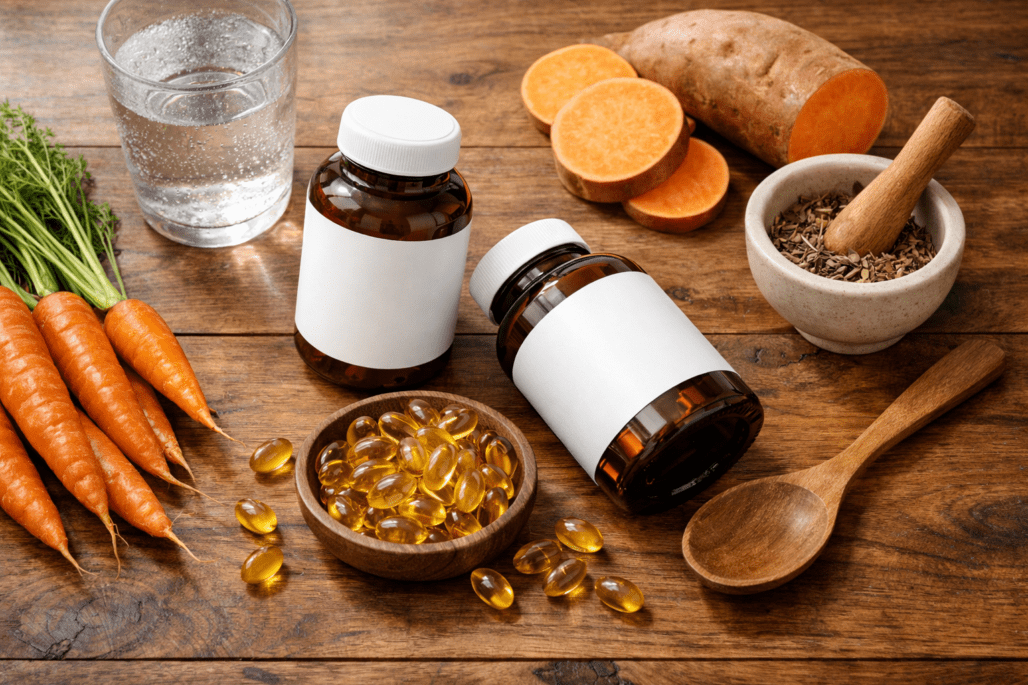 Best vitamin A supplements with fresh sources like carrots and supplement bottles