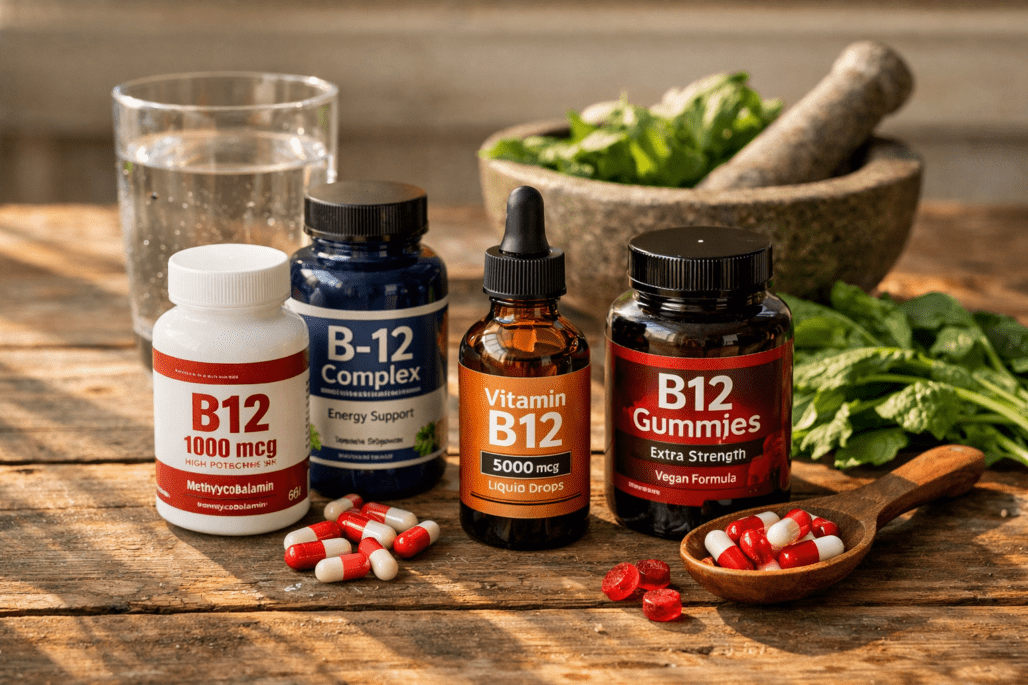 Best B12 supplements displayed with water glass and fresh vegetables on wooden surface
