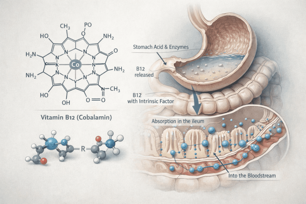 Molecular structure of vitamin B12 supplement showing cobalamin compound and intestinal absorption pathway